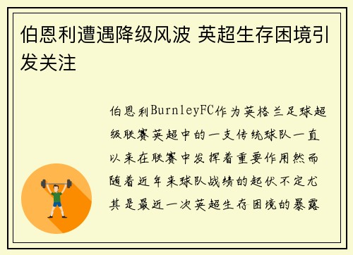 伯恩利遭遇降级风波 英超生存困境引发关注