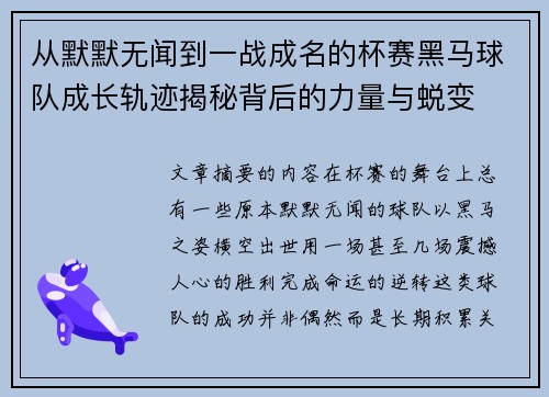 从默默无闻到一战成名的杯赛黑马球队成长轨迹揭秘背后的力量与蜕变