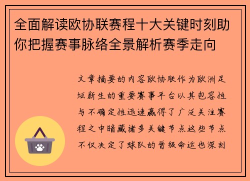 全面解读欧协联赛程十大关键时刻助你把握赛事脉络全景解析赛季走向