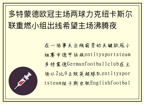 多特蒙德欧冠主场两球力克纽卡斯尔联重燃小组出线希望主场沸腾夜
