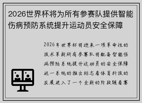 2026世界杯将为所有参赛队提供智能伤病预防系统提升运动员安全保障